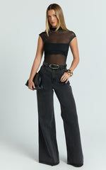 Brayden Bodysuit - High Neck Cap Sleeve Sheer Bodysuit in Black