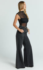 Brayden Bodysuit - High Neck Cap Sleeve Sheer Bodysuit in Black