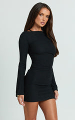 Brenda Mini Dress - Boat Neck Rib Knit Bodycon Dress in Black