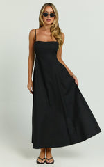 Brette Midi Dress - Linen Straight Neck Strappy Fit And Flare Dress in Black
