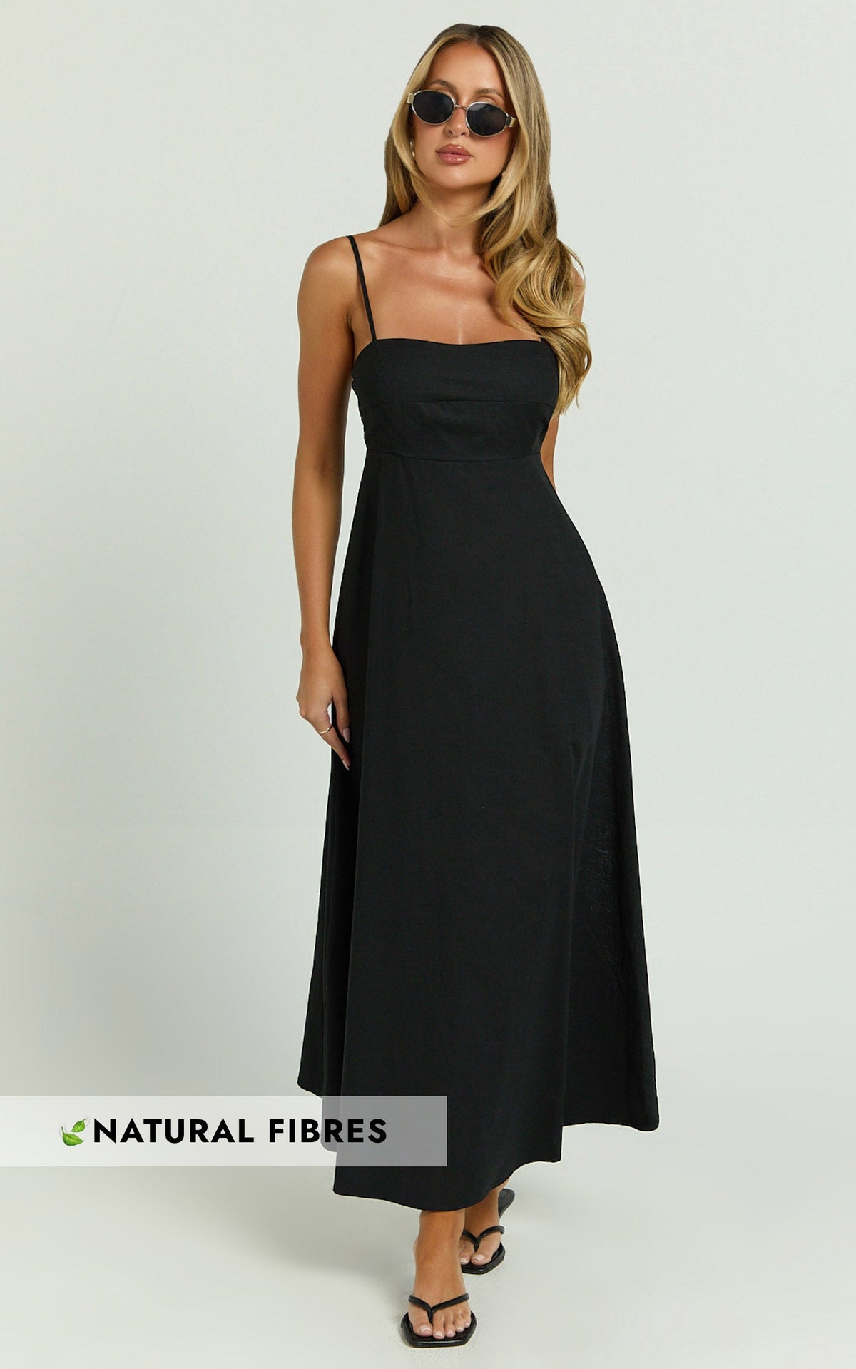 Brette Midi Dress - Linen Straight Neck Strappy Fit And Flare Dress in Black
