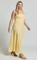Brette Midi Dress - Linen Straight Neck Strappy Fit And Flare Dress in Lemon