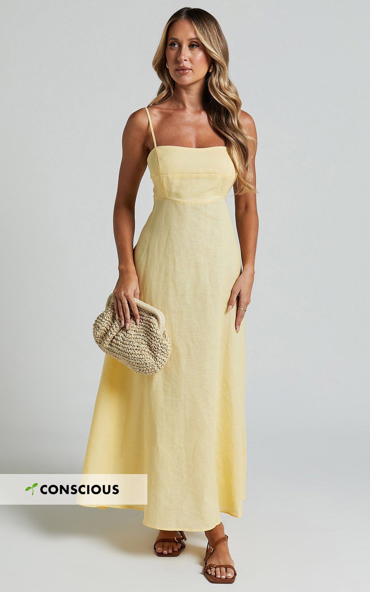 Brette Midi Dress - Linen Straight Neck Strappy Fit And Flare Dress in Lemon