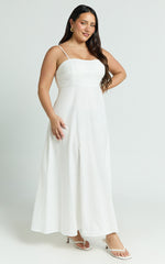 Brette Midi Dress - Linen Straight Neck Strappy Fit And Flare Dress in White