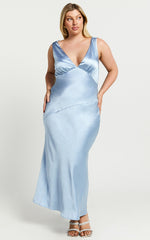 Brienne Midi Dress - Plunge Cowl Back Satin Dress in Blue