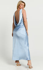 Brienne Midi Dress - Plunge Cowl Back Satin Dress in Blue