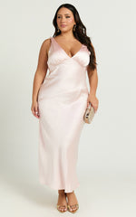 Brienne Midi Dress - Plunge Cowl Back Satin Dress in Soft Pink
