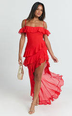 Brigitte Maxi Dress - Halter Off Shoulder Georgette Ruffle Tiered Dress in Red