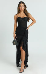 Brionna Midi Dress - Lace Neck Ruched Ruffle Hem Dress in Black