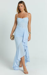 Brionna Midi Dress - Lace Neck Ruched Ruffle Hem Dress in Blue