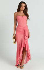 Brionna Midi Dress - Lace Neck Ruched Ruffle Hem Dress in Strawberry