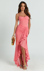 Brionna Midi Dress - Lace Neck Ruched Ruffle Hem Dress in Strawberry