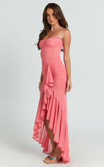 Brionna Midi Dress - Lace Neck Ruched Ruffle Hem Dress in Strawberry