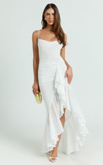 Brionna Midi Dress - Lace Neck Ruched Ruffle Hem Dress in White