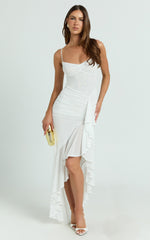 Brionna Midi Dress - Lace Neck Ruched Ruffle Hem Dress in White