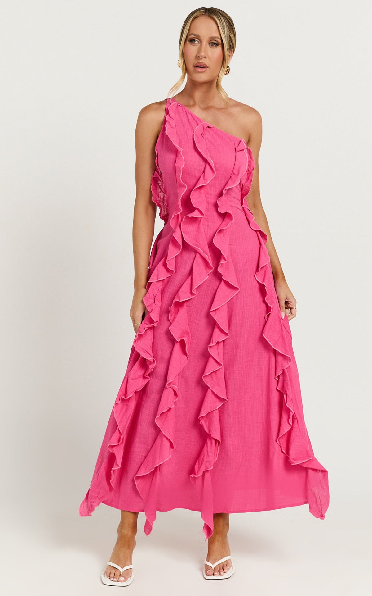 Britney Maxi Linen Blend Dress - One Shoulder Ruffle Detail Dress in Pink