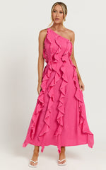 Britney Maxi Linen Blend Dress - One Shoulder Ruffle Detail Dress in Pink