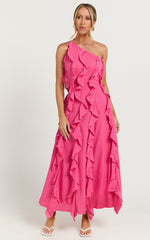 Britney Maxi Linen Blend Dress - One Shoulder Ruffle Detail Dress in Pink