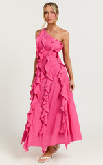 Britney Maxi Linen Blend Dress - One Shoulder Ruffle Detail Dress in Pink