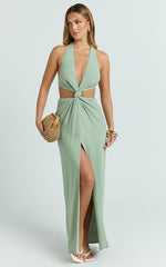Brooklyn Maxi Dress - Halter Neck Knot Detail Front Split Maxi Dress in Sage