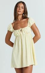 Brooks Mini Dress - Puff Sleeve Front Tie Babydoll Dress in Lemon