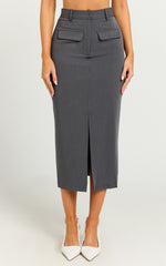 Brylee Midi Skirt - High Waisted Front Split Skirt in Charcoal