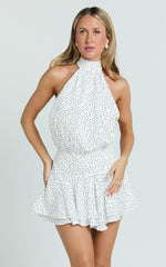 Bryonie Mini Dress - Backless Halter Dress in Ivory With Black Polka Dot