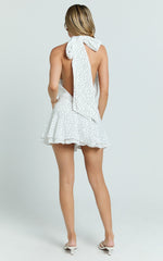 Bryonie Mini Dress - Backless Halter Dress in Ivory With Black Polka Dot