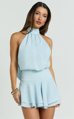 Bryonie Mini Dress - Backless Halter Dress in Pale Blue