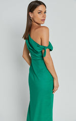 Cincinnati Midi Dress - Off The Shoulder Side Split Column Linen Dress in Green