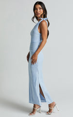 Cincinnati Midi Dress - Off The Shoulder Side Split Column Linen Dress in Pale Blue
