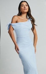 Cincinnati Midi Dress - Off The Shoulder Side Split Column Linen Dress in Pale Blue