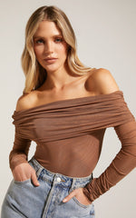 Jaythen Bodysuit - Long Sleeve Off Shoulder Ruched Mesh Bodysuit in Mocha