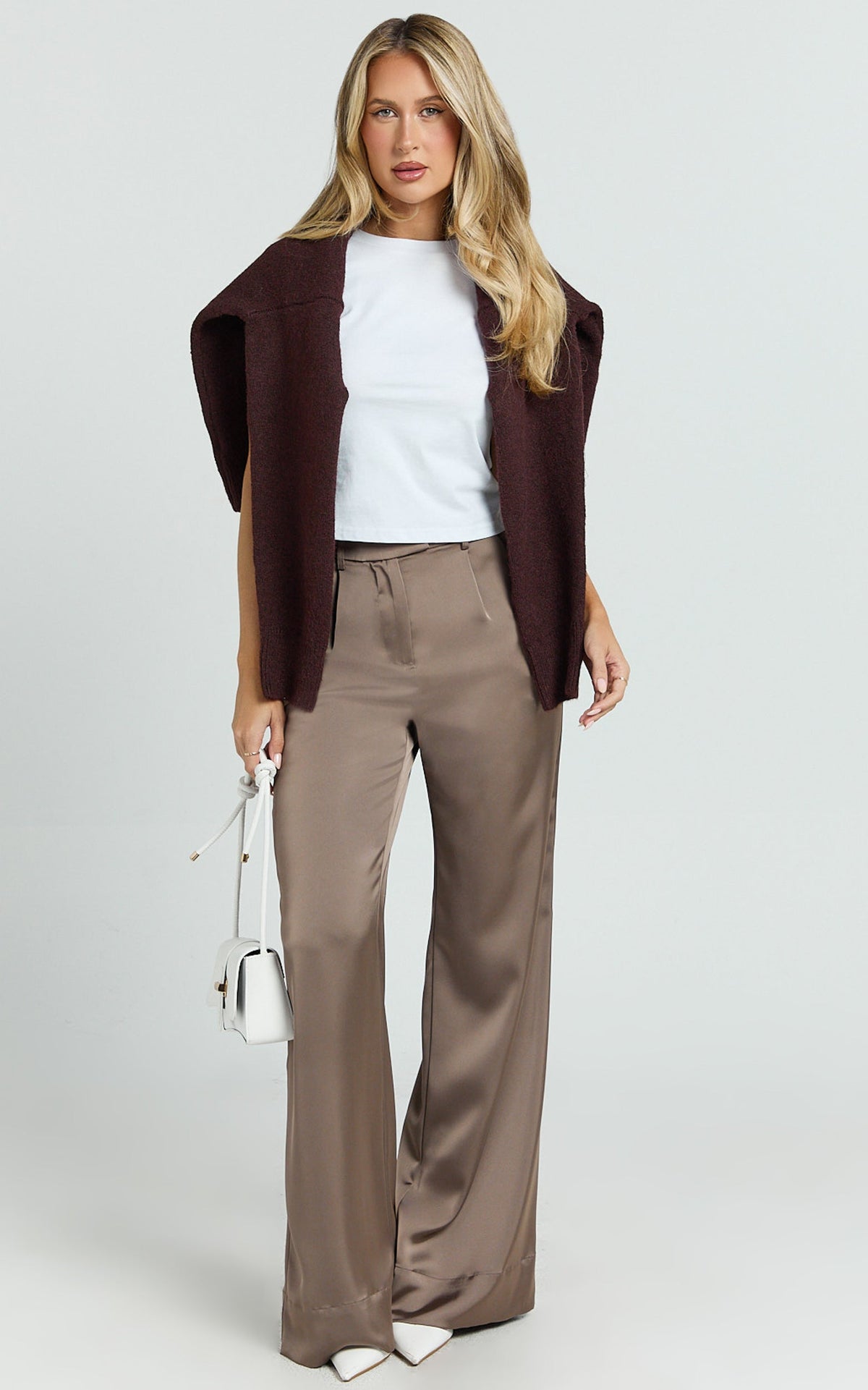 Cade Pants - Mid Waisted Front Pleat Satin Wide Leg Pants in Taupe