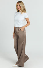 Cade Pants - Mid Waisted Front Pleat Satin Wide Leg Pants in Taupe