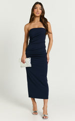 Calanthe Midi Dress - Strapless Tuck Detail Dress in Navy