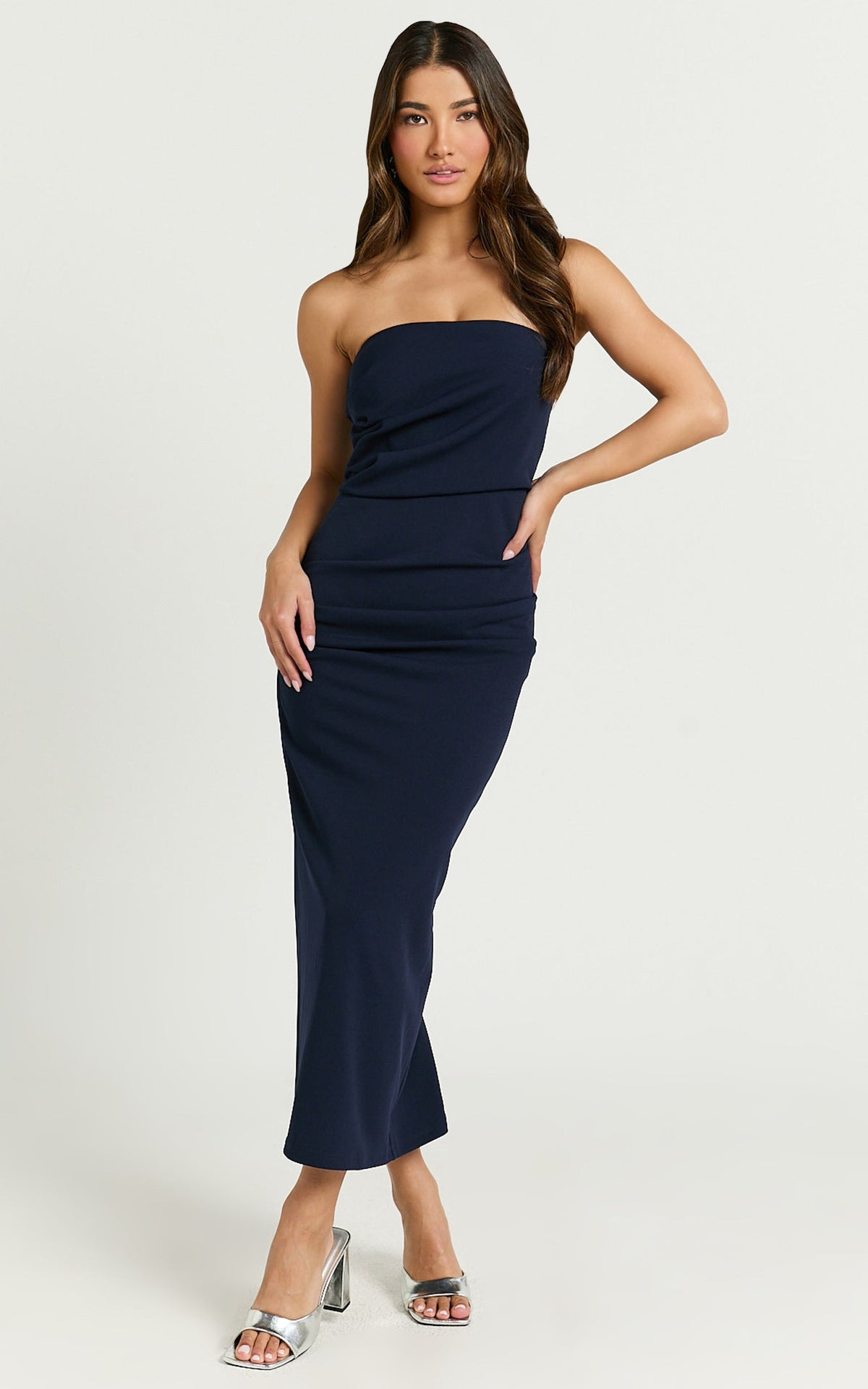Calanthe Midi Dress - Strapless Tuck Detail Dress in Navy