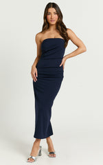 Calanthe Midi Dress - Strapless Tuck Detail Dress in Navy
