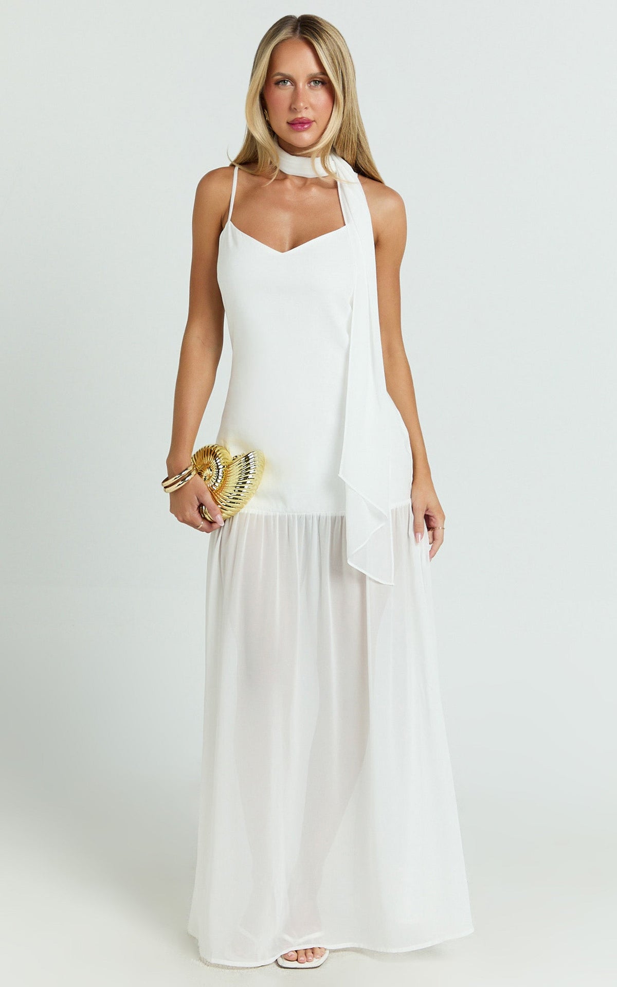 Calvin Maxi Dress - Linen Look Contrast Georgette Skirt with Neck Scarf in White