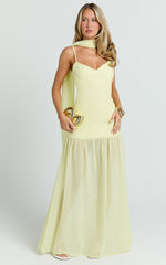 Calvin Maxi Dress - Linen Look Contrast Georgette Skirt with Neck Scarf in Lemon