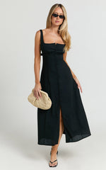 Cameron Midi Dress - Button Front Tie Back Dress in Black