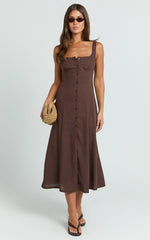 Cameron Midi Dress - Button Front Tie Back Dress in Chocolate