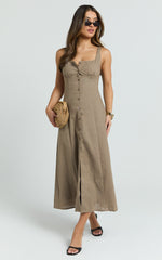 Cameron Midi Dress - Button Front Tie Back Dress in Mocha