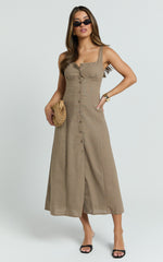 Cameron Midi Dress - Button Front Tie Back Dress in Mocha