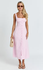Cameron Midi Dress - Button Front Tie Back Dress in Pink