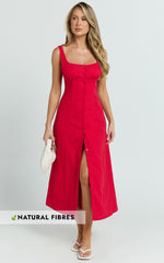 Cameron Midi Dress - Button Front Tie Back Dress in Red