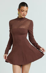 Camilla Mini Dress - Turtle Neck Fit And Flare Sheer Contrast Knit Dress in Chocolate