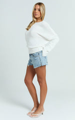 Camille Shorts - Low Rise Recycled Denim Distressed Mini Shorts in Light Blue Wash