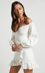 Cant Move On Off Shoulder Mini Linen Blend Dress in White Linen Look