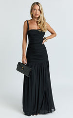 Cardi Maxi Dress - Ruched Mesh High Leg Split Dress in Black